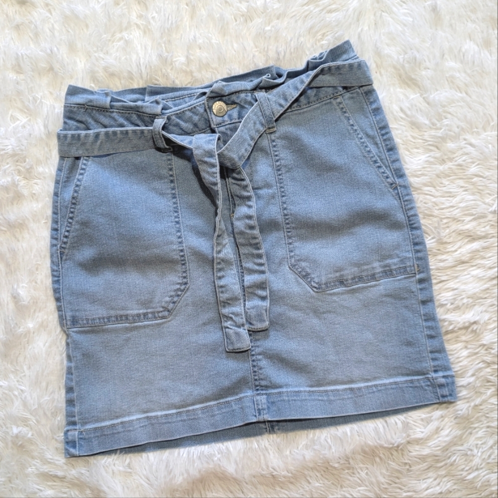 Blue Spice Light Blue Stretch Denim Ruffled Tie Waist Mini Pencil Skirt 3